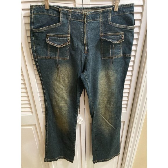 Y2K 90s Style Revolt Jeans Co Low Rise Dark Wash Fit and Flare Leg Jeans - Picture 1 of 6